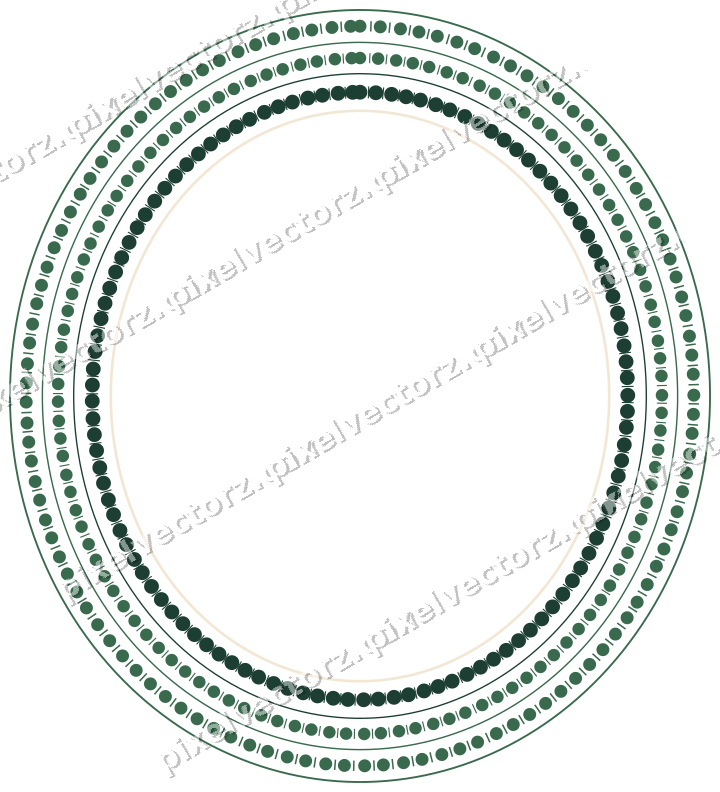Decorative line art frame in dark green and red with oval