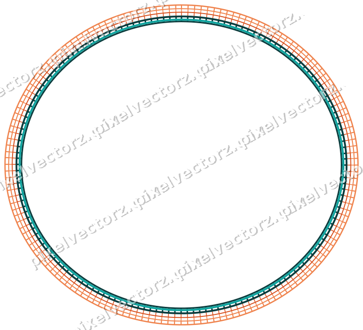 Decorative line art frame in orange and teal with oval and hatching