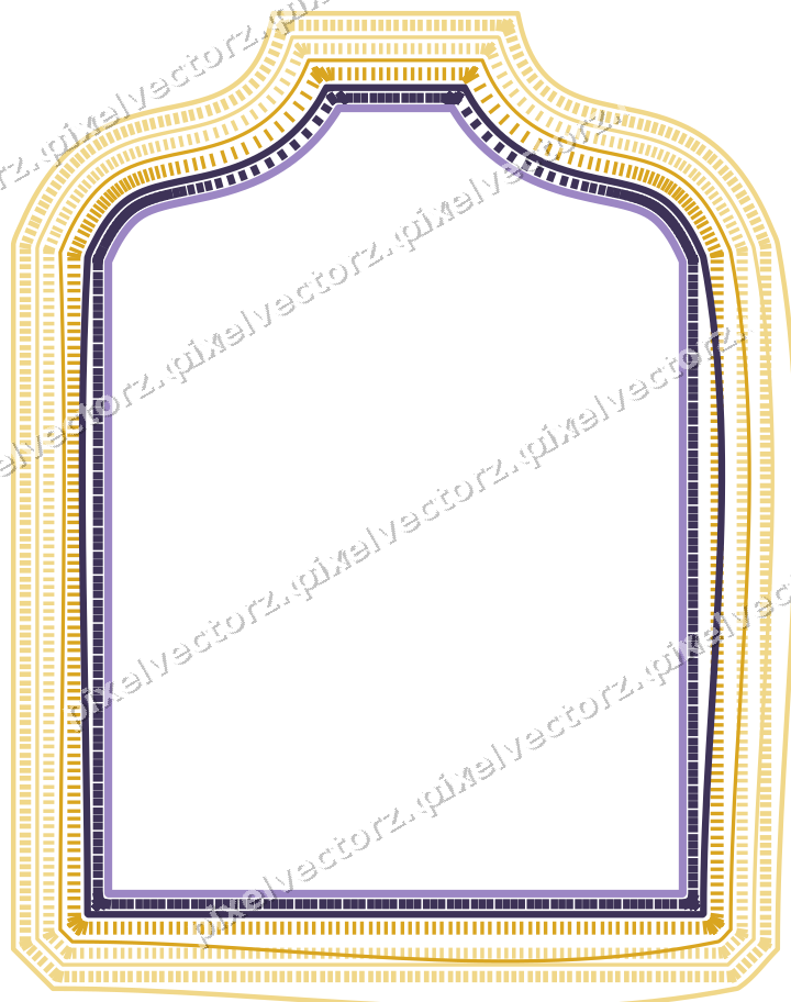 Decorative line art frame in amber and purple with label plaque