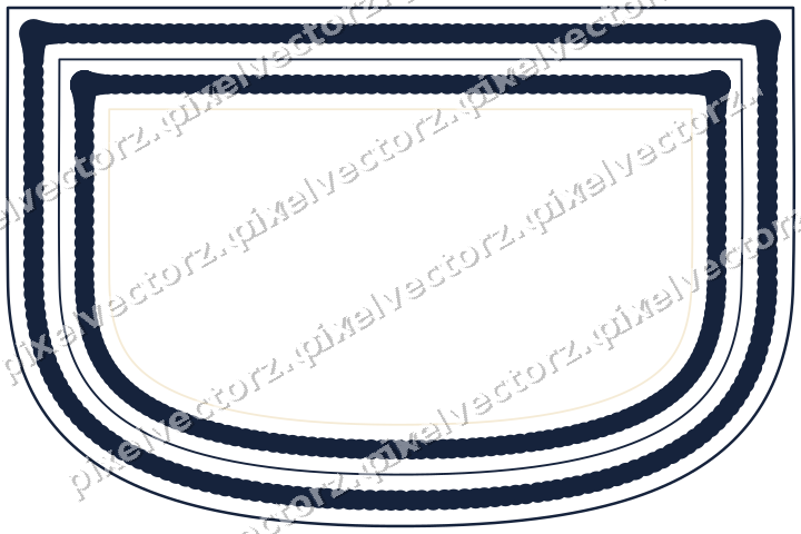 Decorative line art frame in dark blue and amber with shield