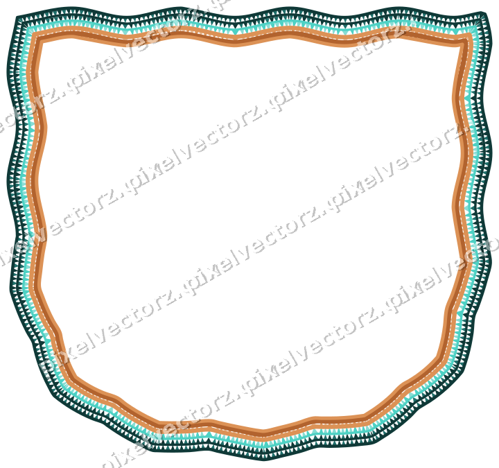 Decorative line art frame in orange and teal with shield