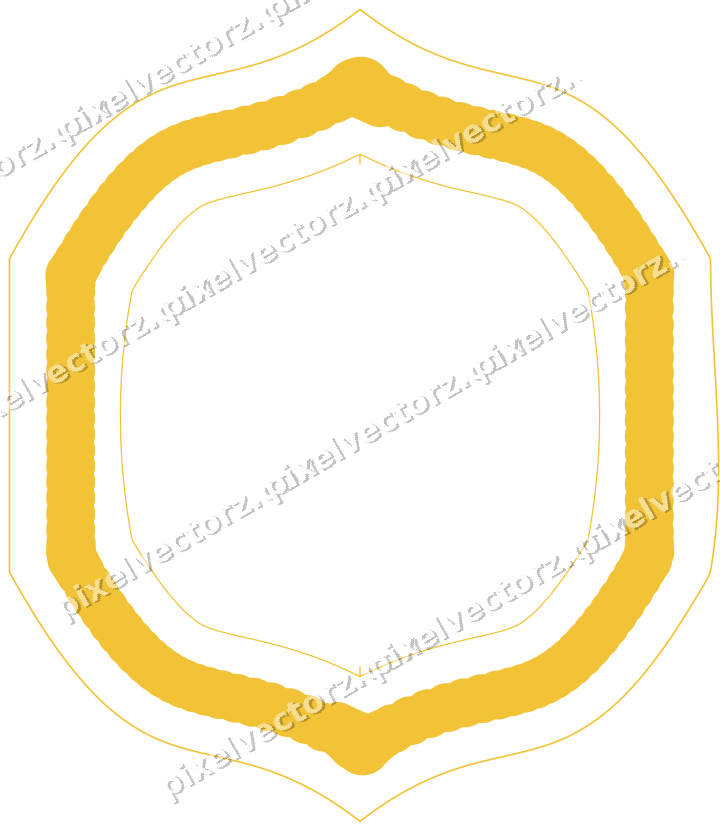 Decorative line art frame in dark blue and amber with label plaque