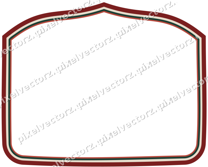 Decorative line art frame in dark red and dark green with label plaque
