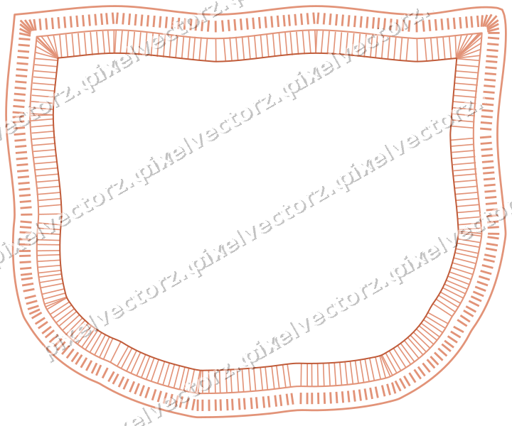 Decorative line art frame in orange and cyan with shield