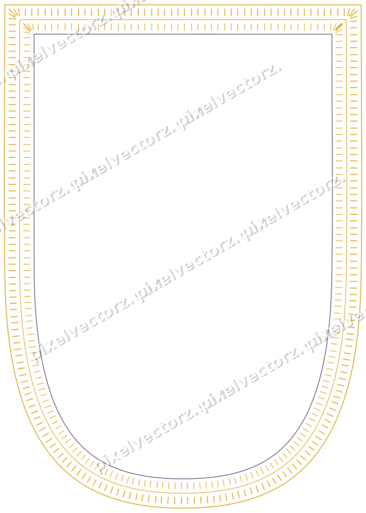 Decorative line art frame in amber and purple with shield