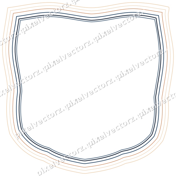 Decorative line art frame in dark blue and orange with shield