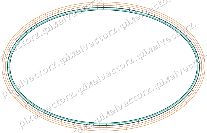 Decorative line art frame in orange and teal with oval and beaded line