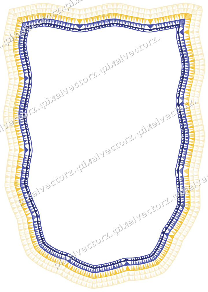 Decorative line art frame in dark blue and amber with shield
