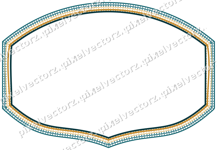 Decorative line art frame in amber and dark teal with label plaque