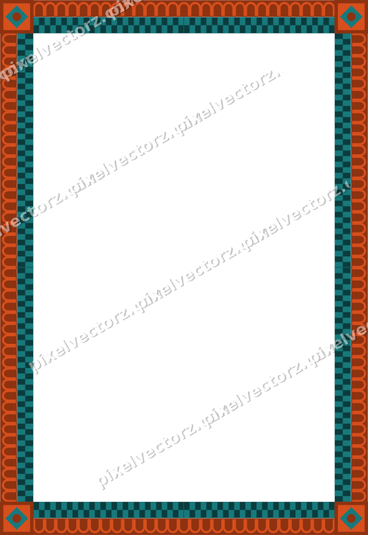 Decorative picture frame border in orange and teal with arcade frieze