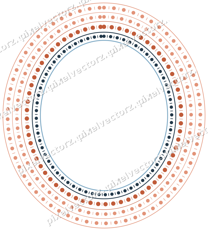 Decorative line art frame in orange and cyan with oval and beaded line
