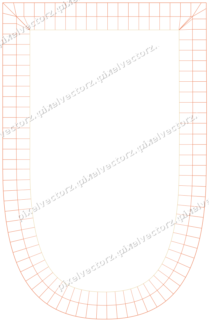 Decorative line art frame in red and orange with shield and hatching