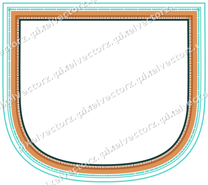 Decorative line art frame in orange and teal with shield