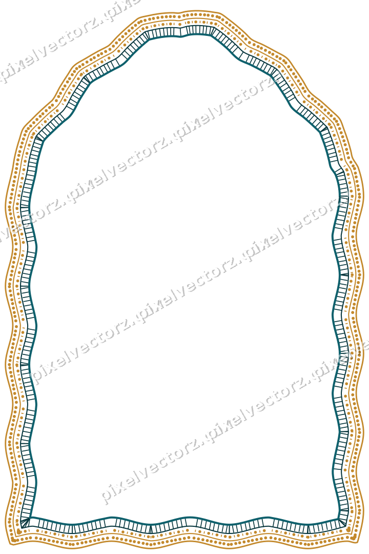Decorative line art frame in amber and dark teal with label plaque