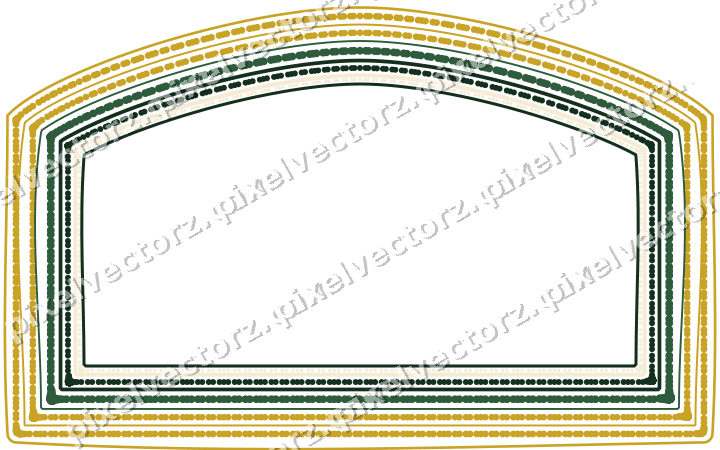 Decorative line art frame in dark green and amber with label plaque