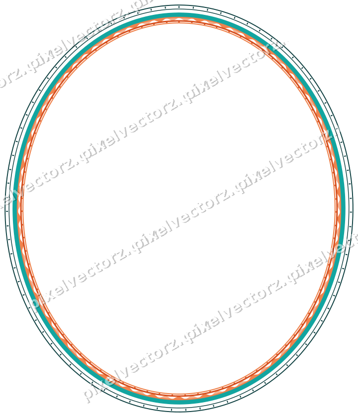 Decorative line art frame in orange and teal with oval and dashed line