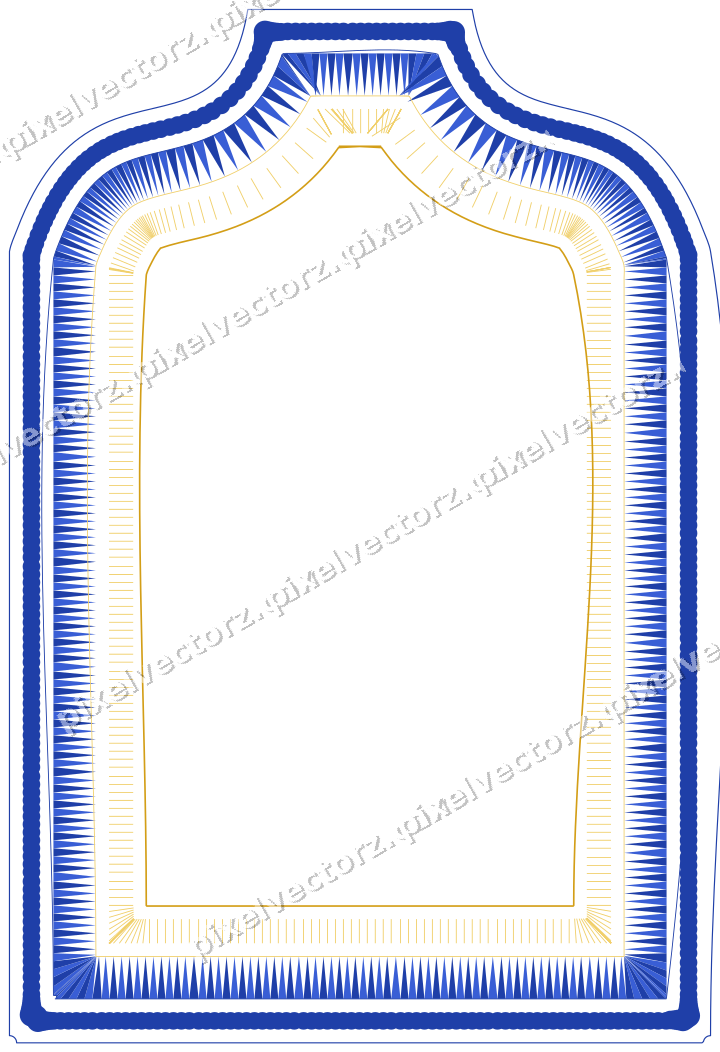 Decorative line art frame in amber and blue with label plaque