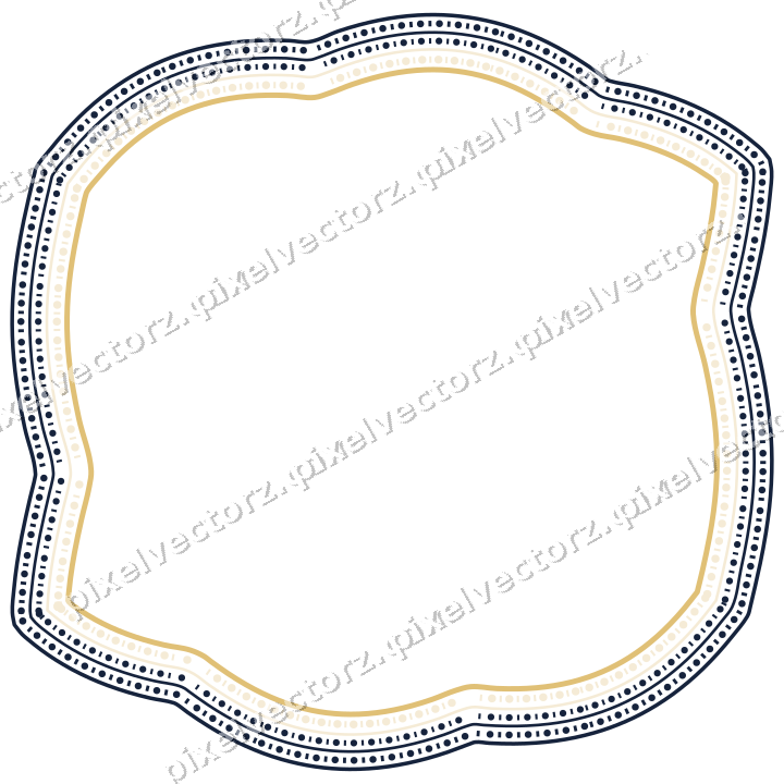 Decorative line art frame in dark blue and amber with label plaque