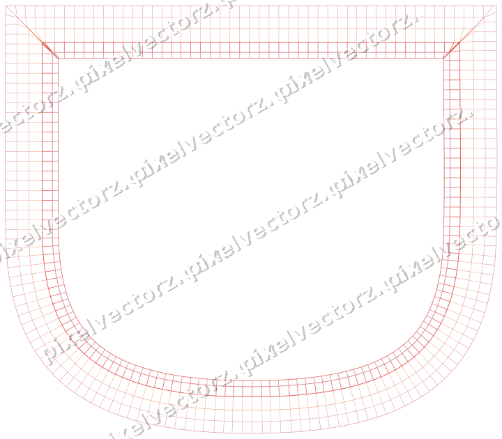Decorative line art frame in red and orange with shield and hatching