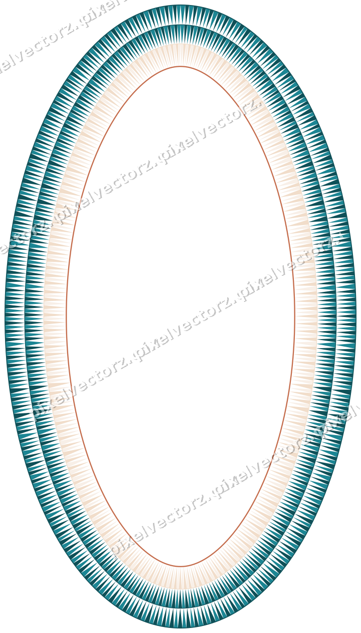 Decorative line art frame in dark teal and orange with oval and dentil