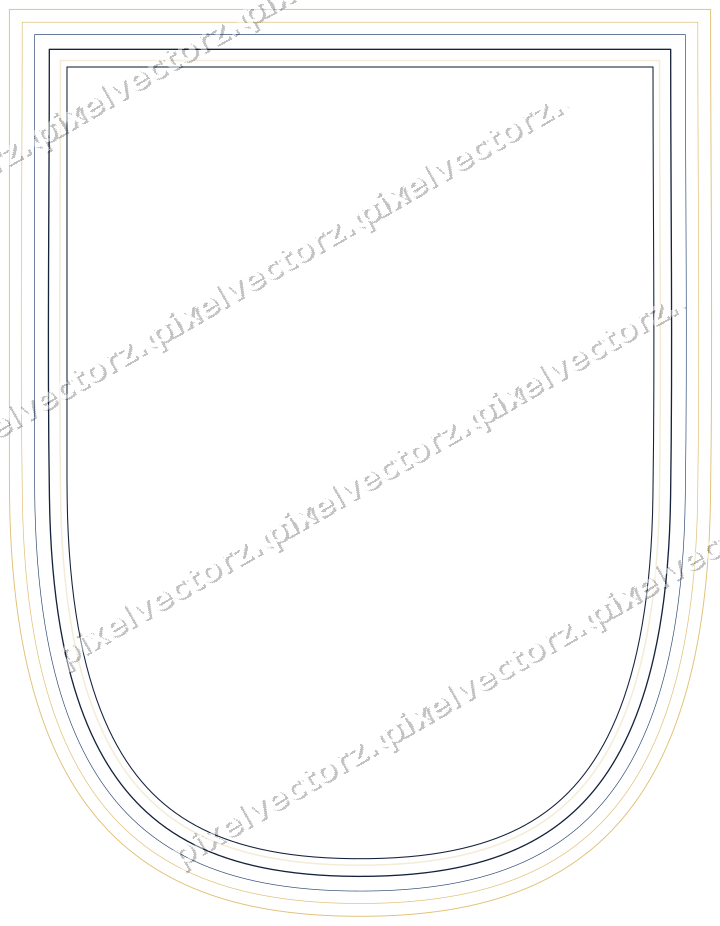 Decorative line art frame in dark blue and amber with shield