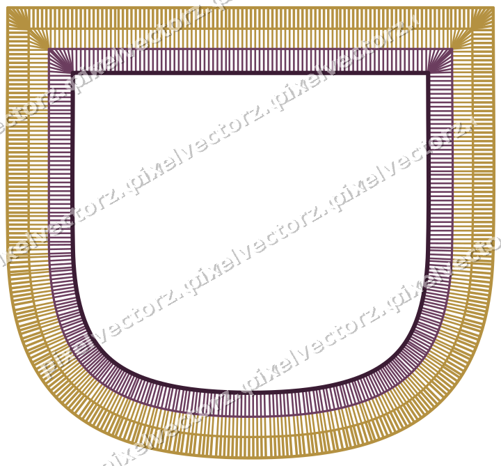Decorative line art frame in dark magenta and amber with shield