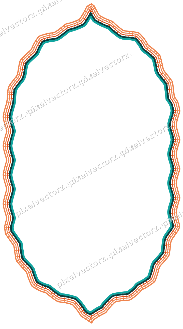 Decorative line art frame in orange and teal with label plaque