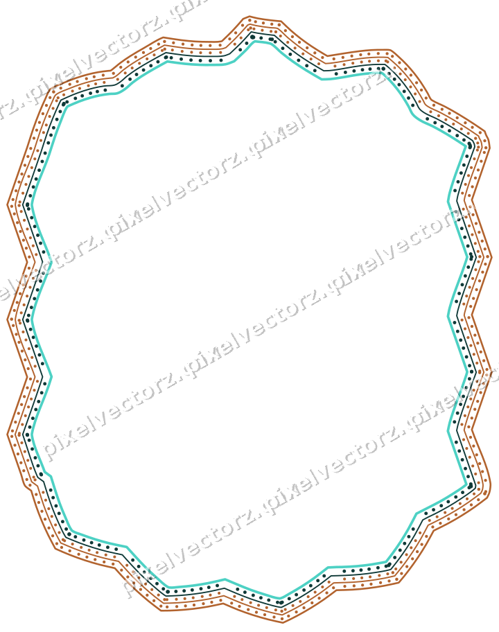 Decorative line art frame in orange and teal with label plaque