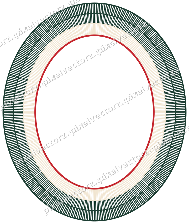 Decorative line art frame in dark green and red with oval and hatching