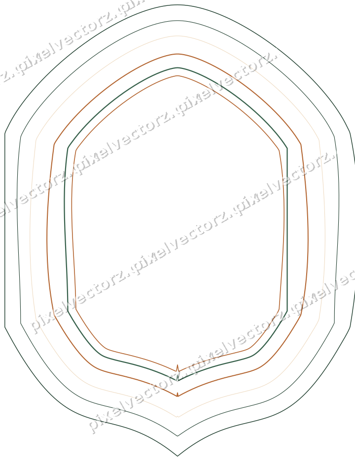 Decorative line art frame in dark green and orange with label plaque
