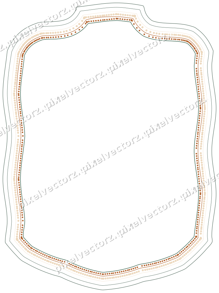 Decorative line art frame in dark green and orange with label plaque