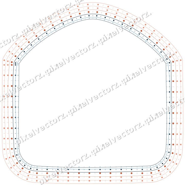 Decorative line art frame in orange and cyan with label plaque