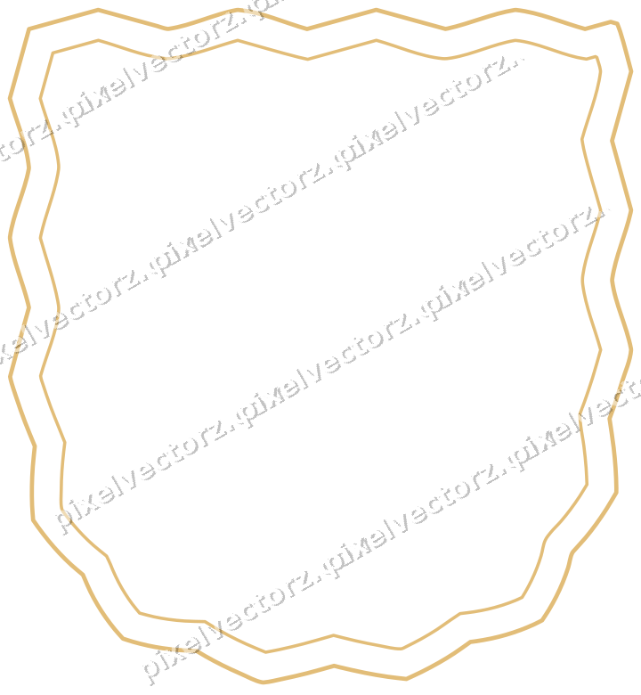 Decorative line art frame in amber and dark teal with shield
