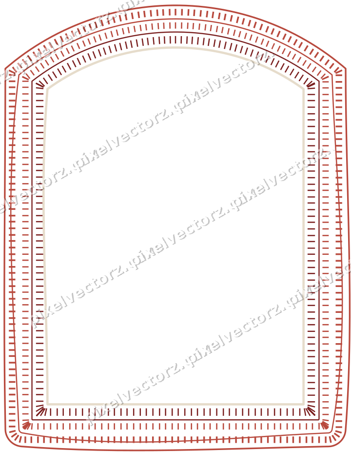 Decorative line art frame in dark red and dark green with label plaque