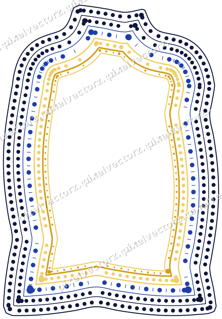 Decorative line art frame in amber and blue with label plaque