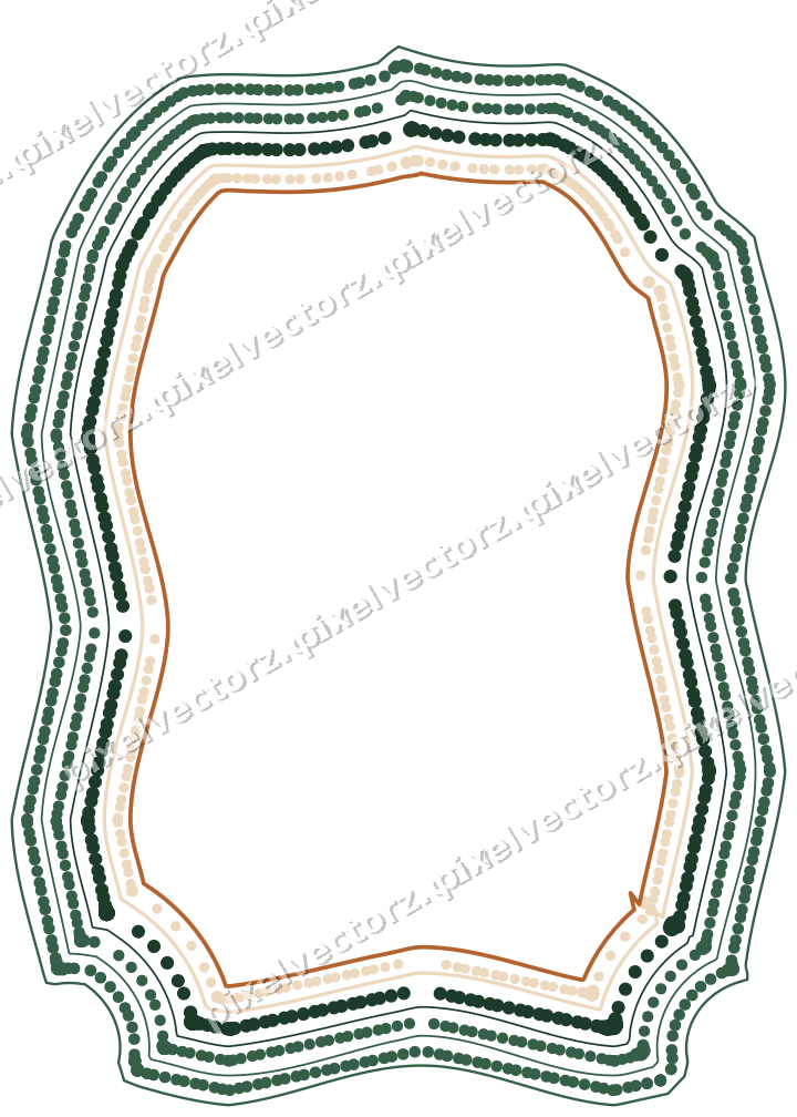 Decorative line art frame in dark green and orange with label plaque