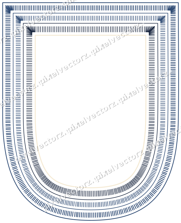 Decorative line art frame in dark blue and amber with shield