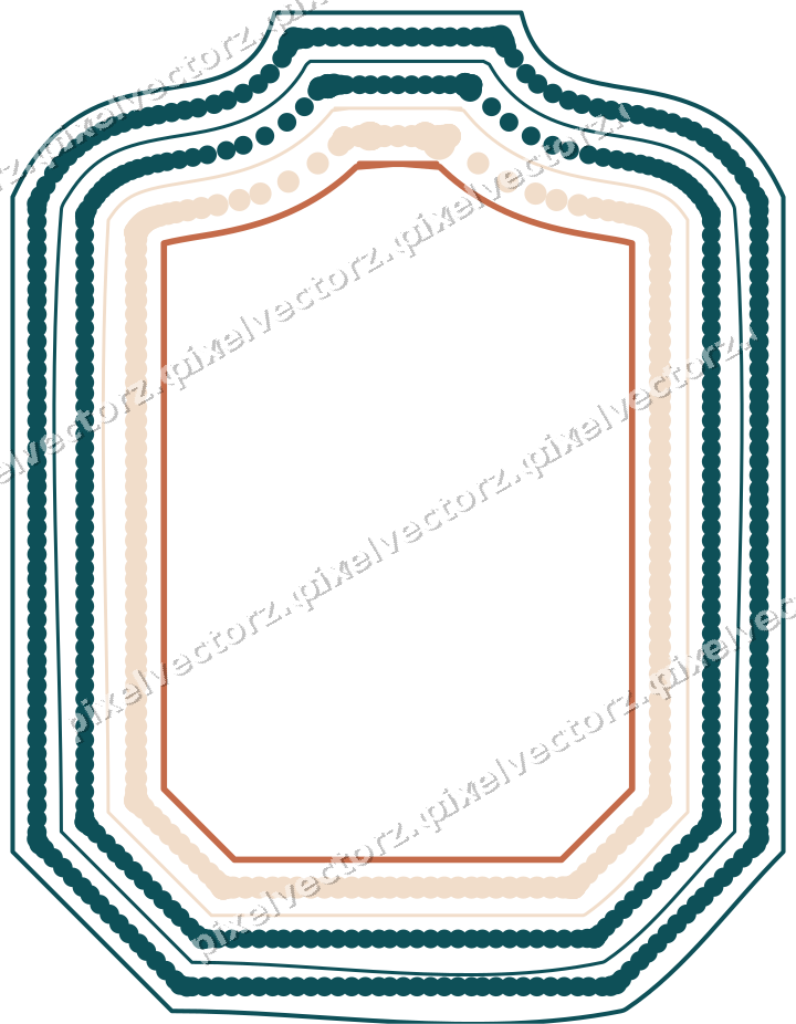 Decorative line art frame in dark teal and orange with label plaque