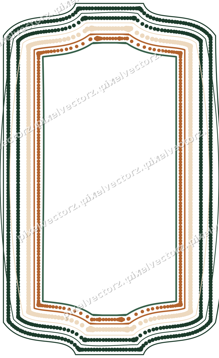Decorative line art frame in dark green and orange with label plaque