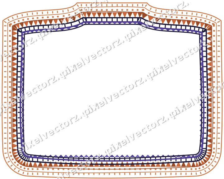 Decorative line art frame in orange and blue with label plaque