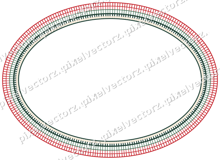 Decorative line art frame in dark green and red with oval and hatching