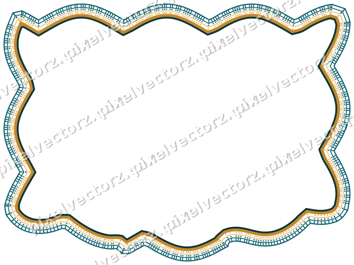 Decorative line art frame in amber and dark teal with label plaque