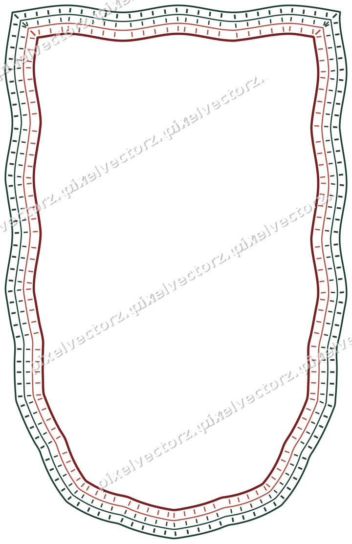 Decorative line art frame in dark red and dark green with shield