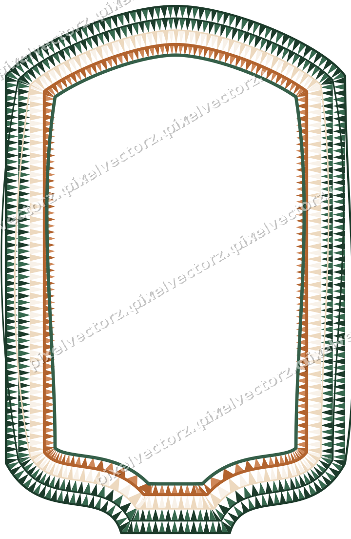 Decorative line art frame in dark green and orange with label plaque