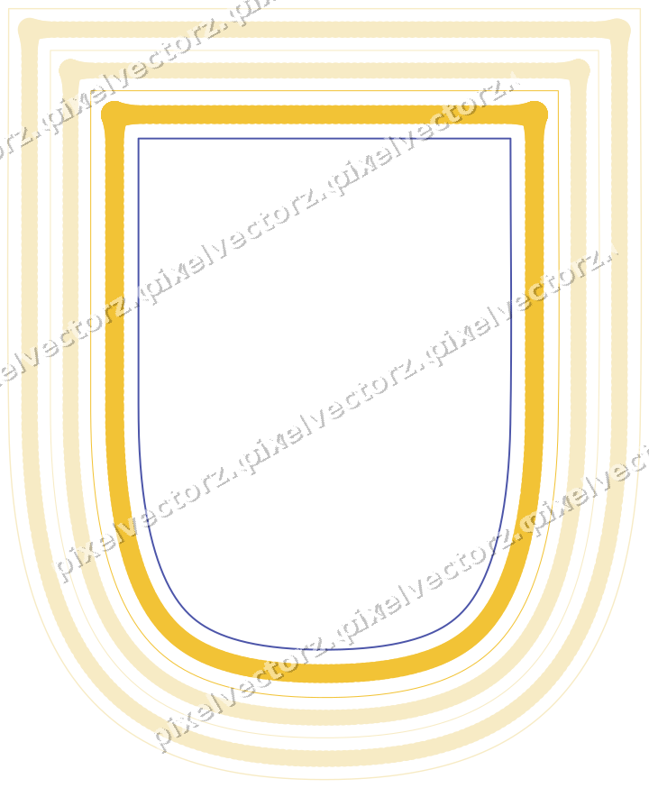 Decorative line art frame in dark blue and amber with shield