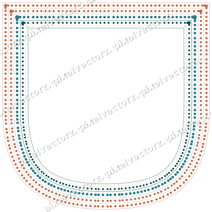 Decorative line art frame in dark teal and orange with shield