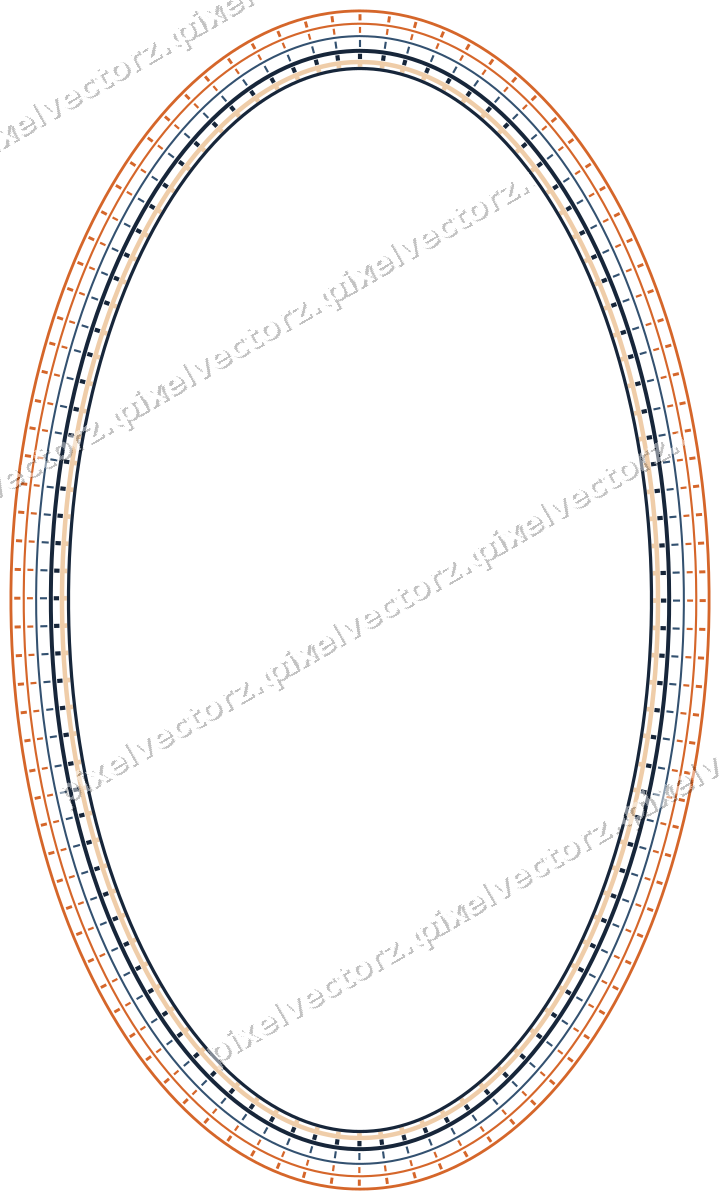 Decorative line art frame in dark blue and orange with oval