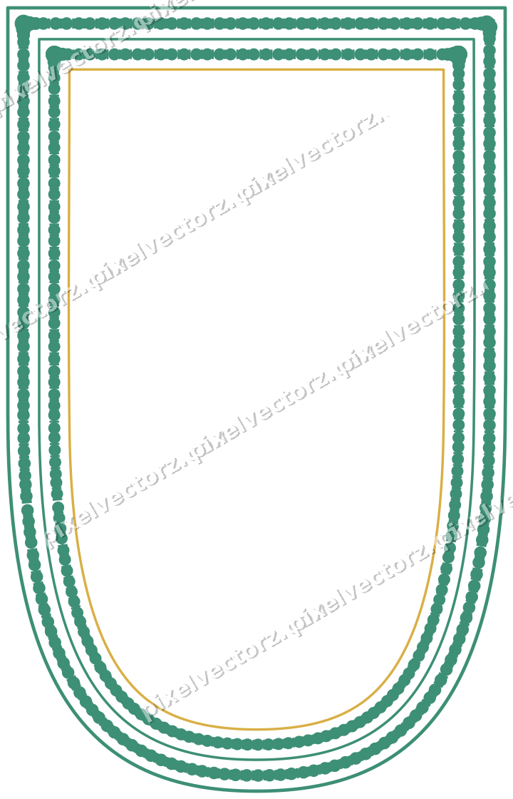 Decorative line art frame in amber and green with shield