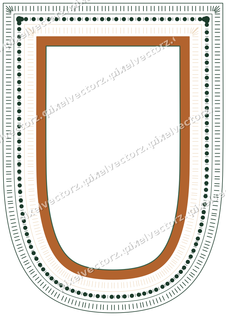Decorative line art frame in dark green and orange with shield