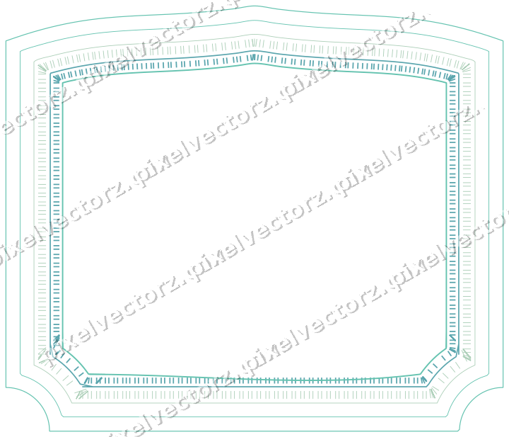 Decorative line art frame in green and teal with label plaque